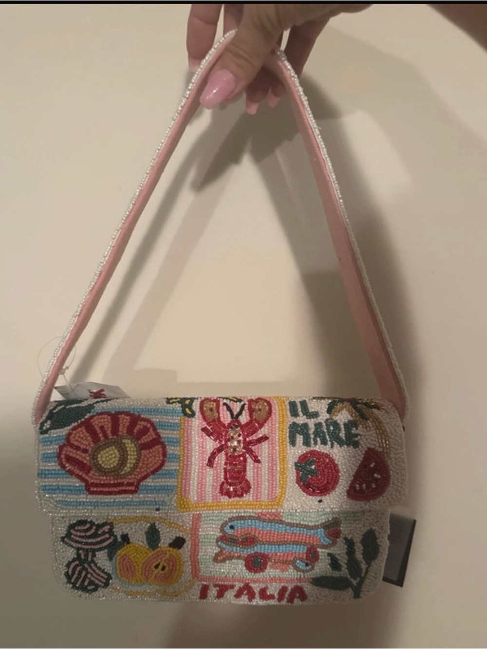 Beaded Italia Motif Shoulder Bag in Pink